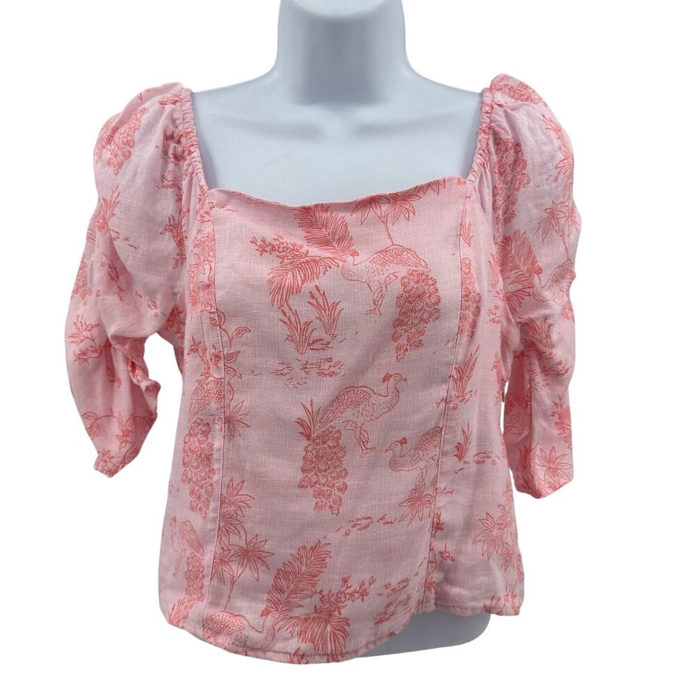 Cynthia Rowley Linen Smocked Blouse M Pink Peacock Print Puff Sleeve Square Neck
